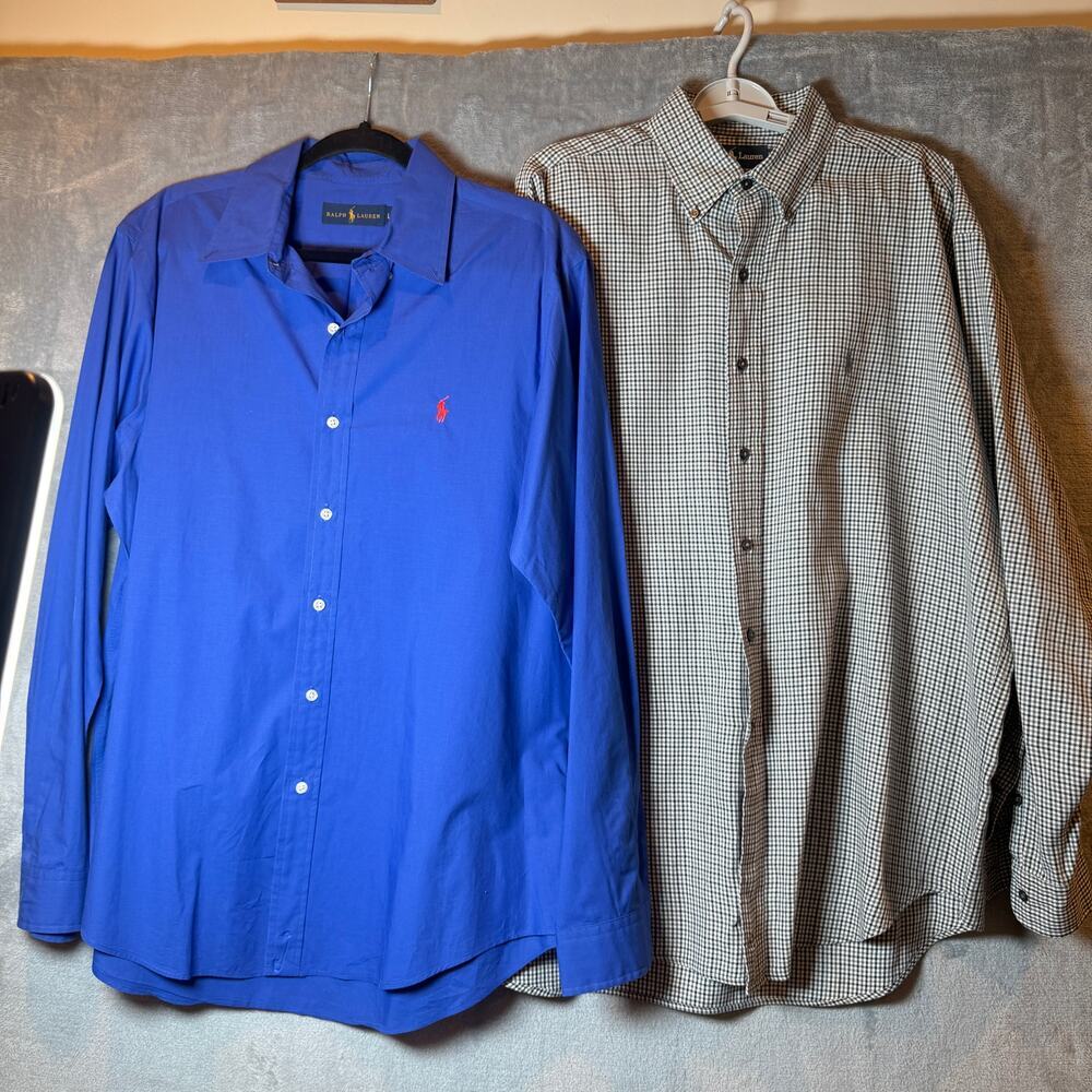 Ralph Lauren Shirt Lot Mens Large Blue Pony & Check Button Down 2 Piece